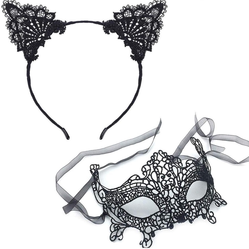 Lace cat ear headband + mask set - black